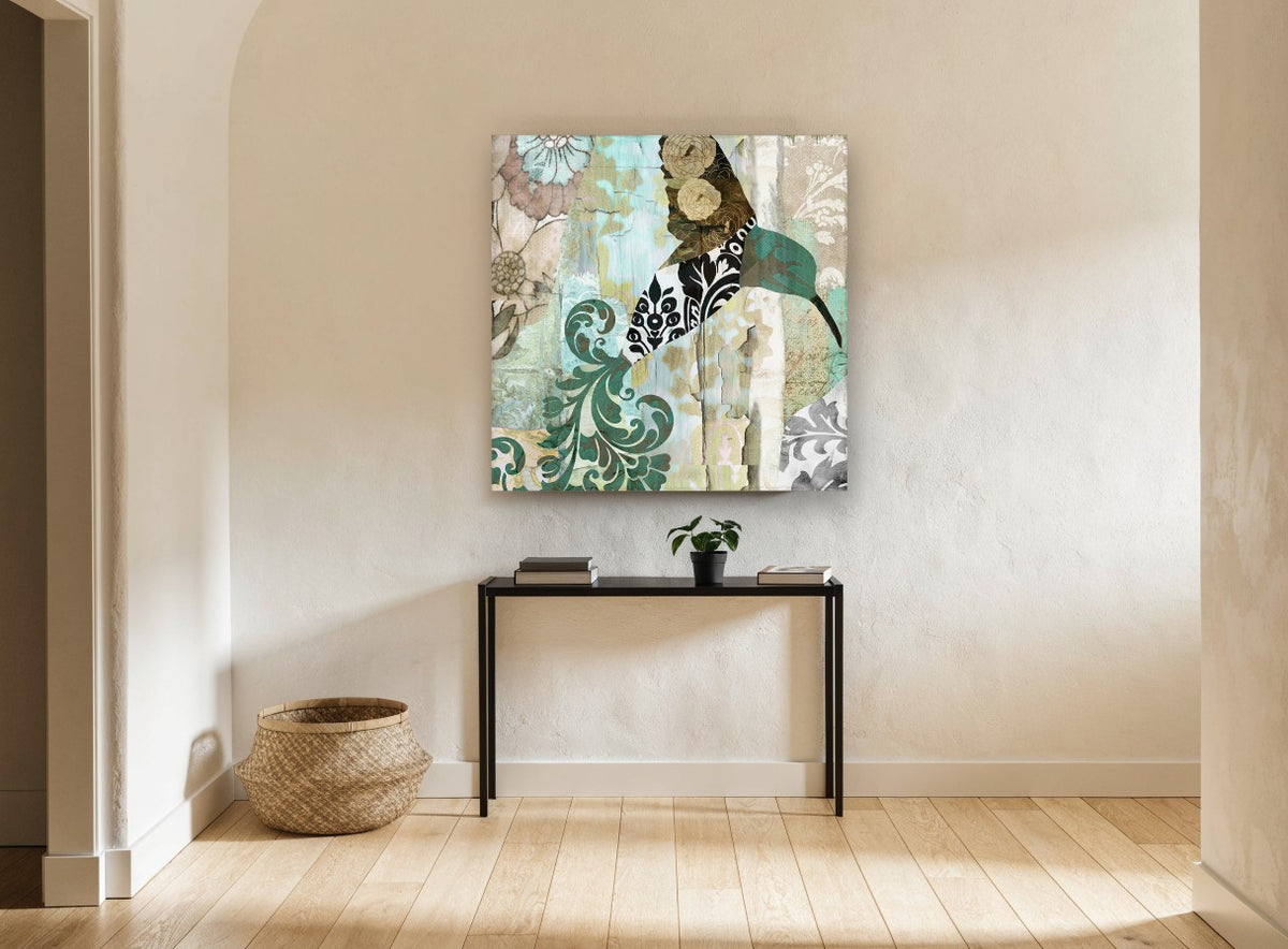 Patchwork Hummingbird Damask floral canvas print on the wall of a hallway