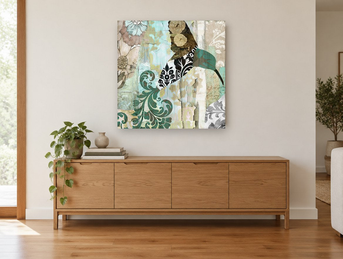 Patchwork Hummingbird Damask floral canvas print on the wall of a living room above a sideboard