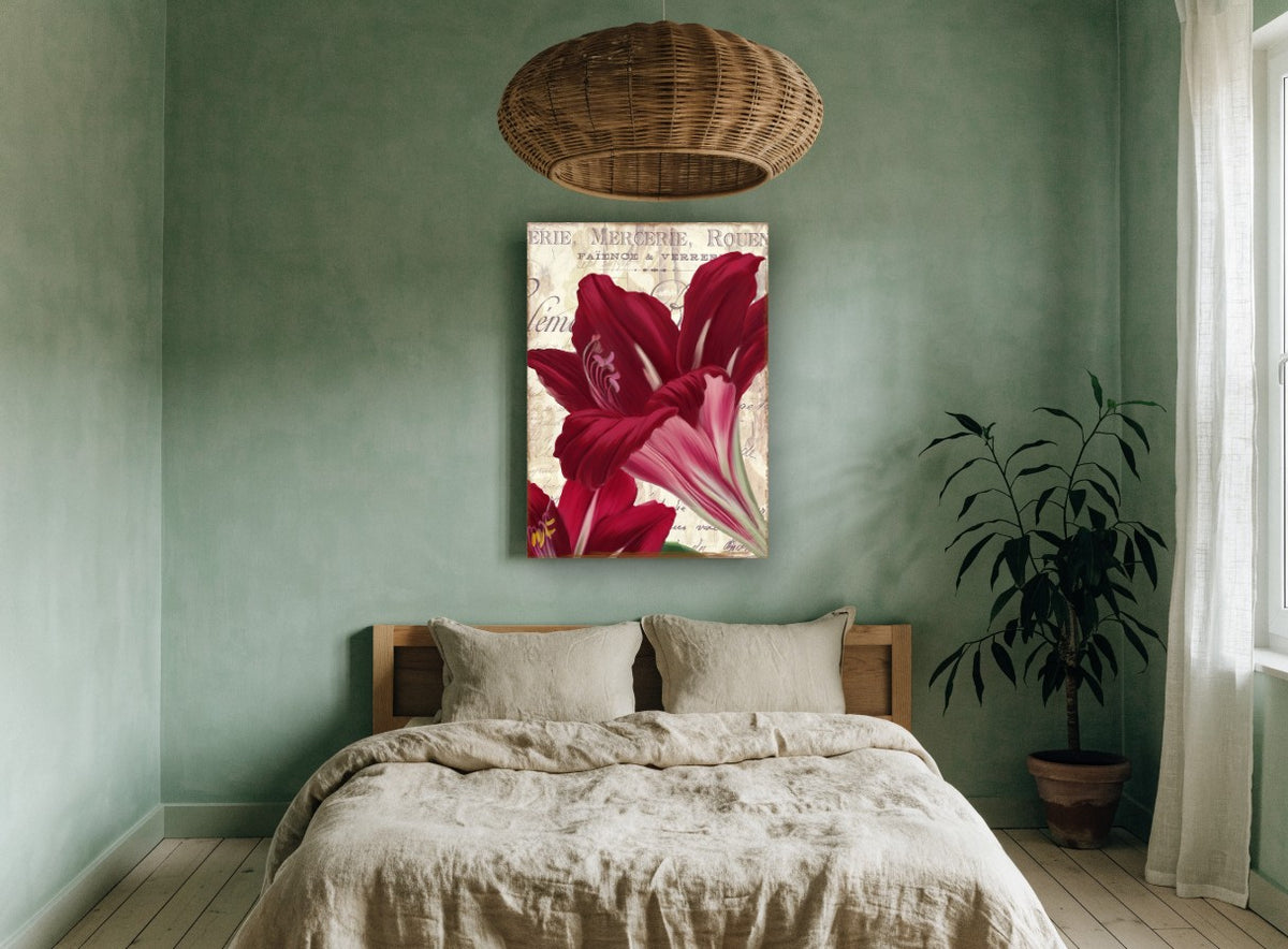 Crimson Amaryllis Letterpress floral canvas print on the wall of a bedroom
