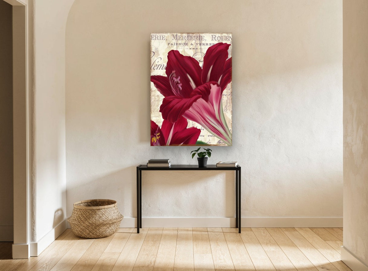 Crimson Amaryllis Letterpress floral canvas print on the wall of a hallway