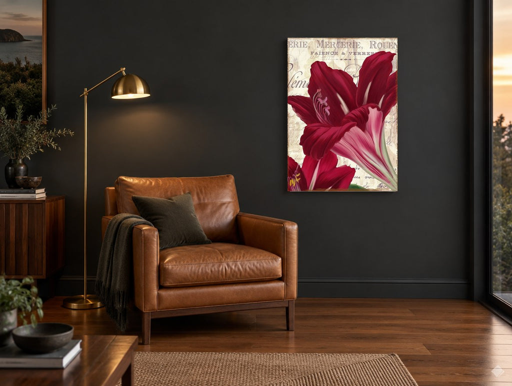 Crimson Amaryllis Letterpress floral canvas print on the wall of a charcoal living room
