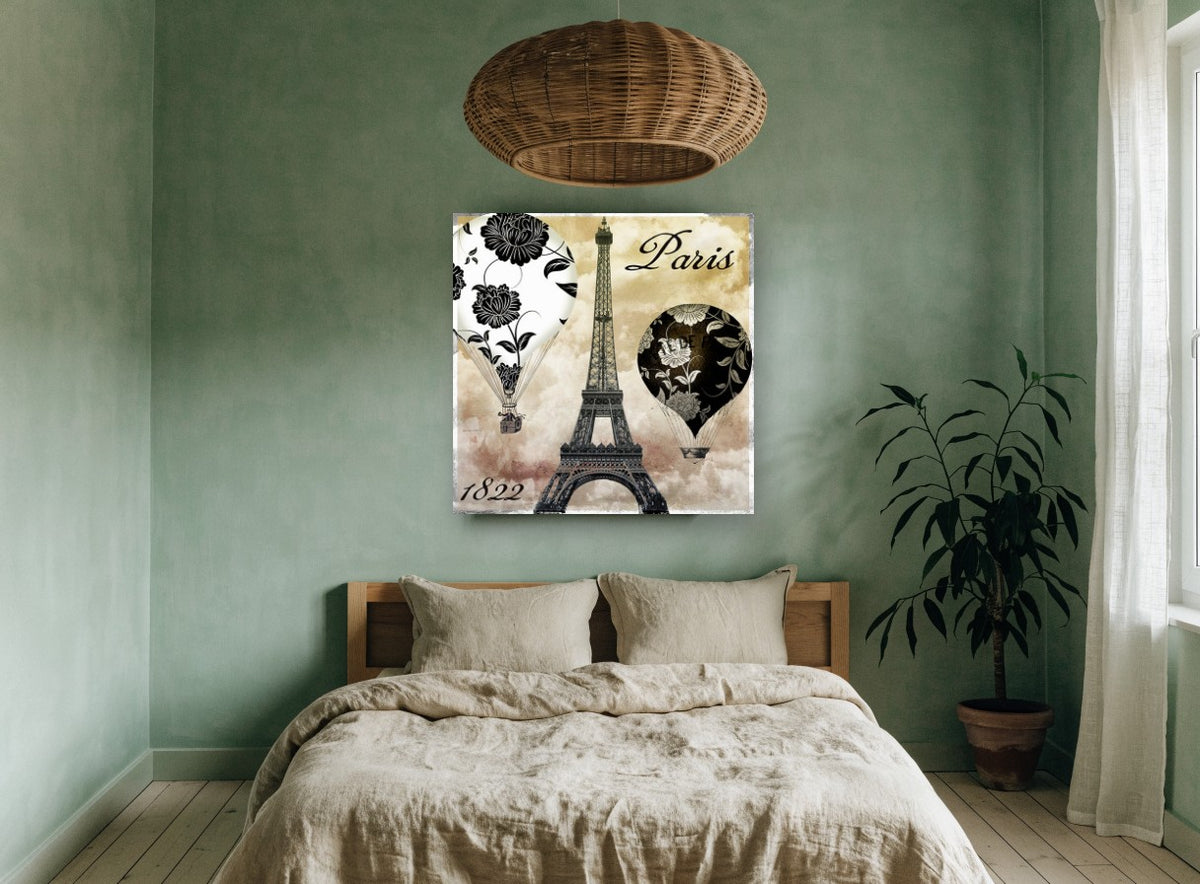 Paris Balloons Over Eiffel floral canvas print on the wall of a bedroom