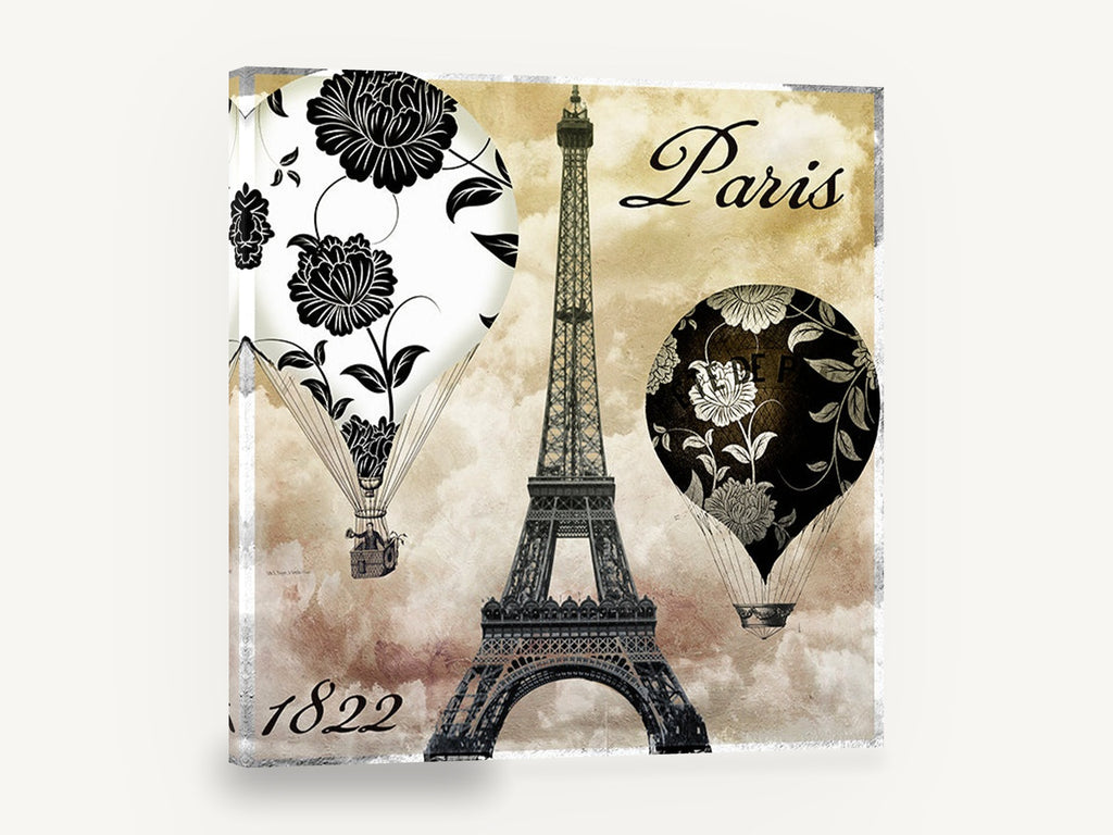 Paris Balloons Over Eiffel, paris eiffel tower floral hot air balloons, floral canvas wall art print ready to hang