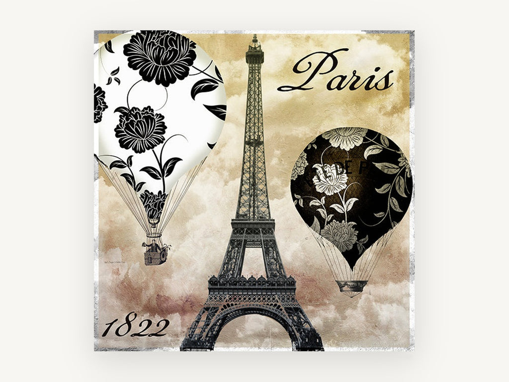Paris Balloons Over Eiffel, floral canvas wall art print, front view