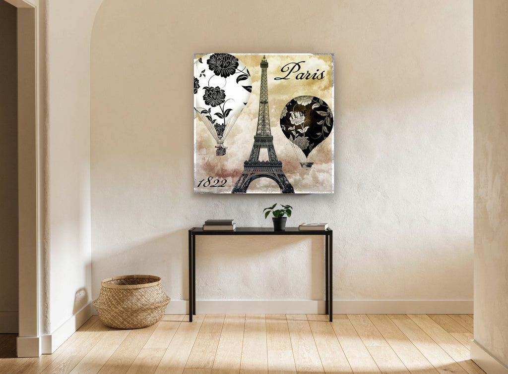 Paris Balloons Over Eiffel floral canvas print on the wall of a hallway