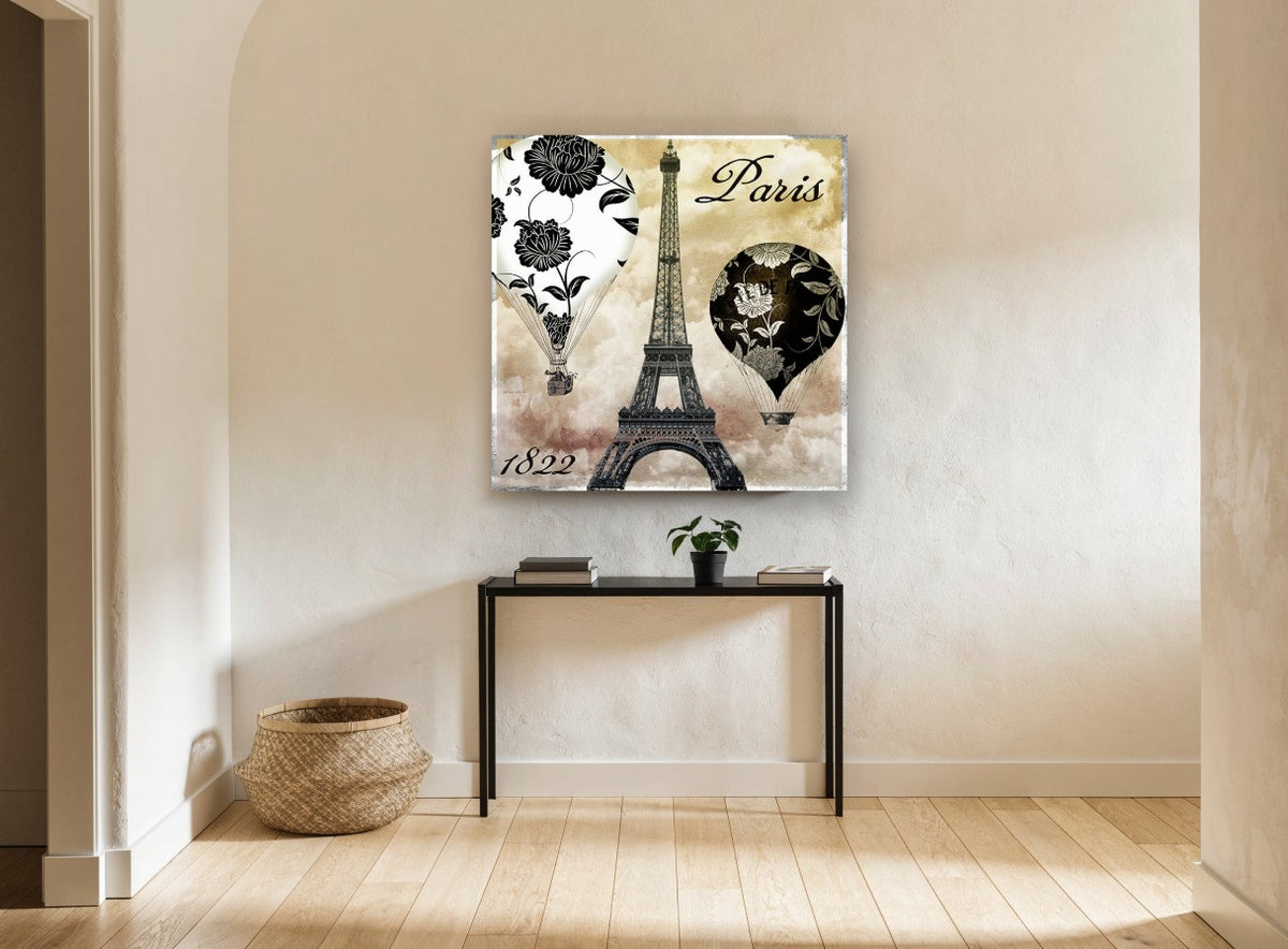 Paris Balloons Over Eiffel floral canvas print on the wall of a hallway