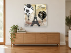 Paris Balloons Over Eiffel floral canvas print on the wall of a living room above a sideboard
