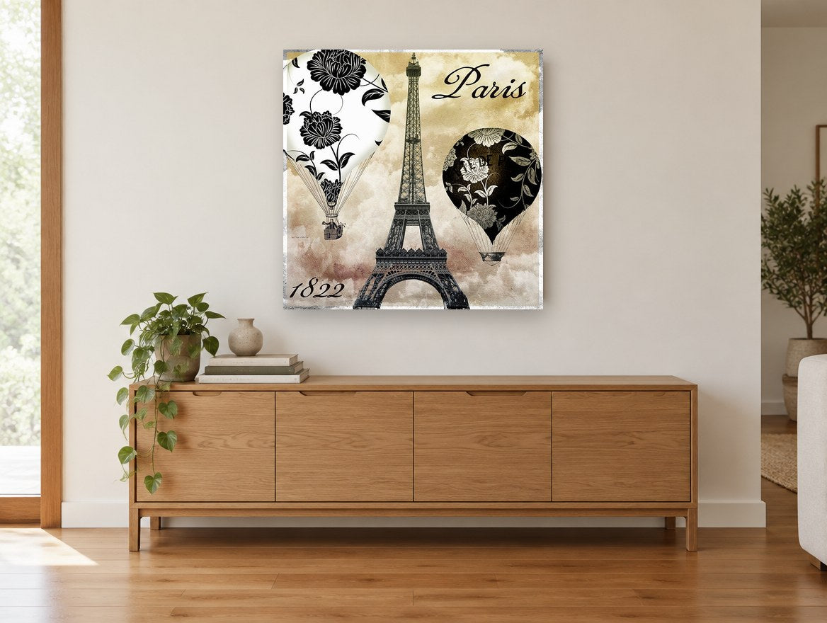 Paris Balloons Over Eiffel floral canvas print on the wall of a living room above a sideboard