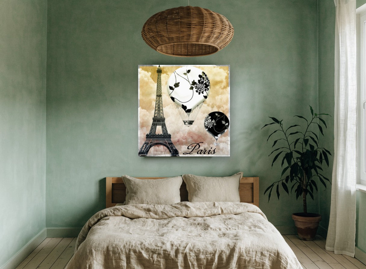 Paris Balloons Sky floral canvas print on the wall of a bedroom