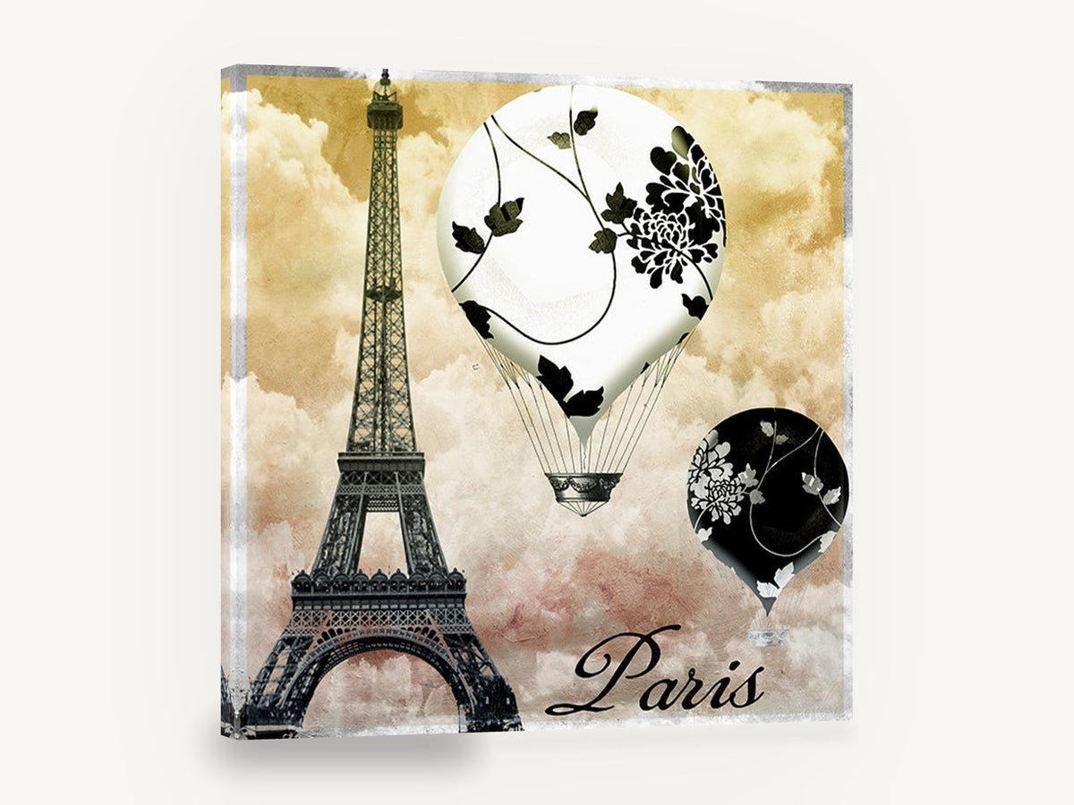 Paris Balloons Sky, paris eiffel tower hot air balloons, floral canvas wall art print ready to hang