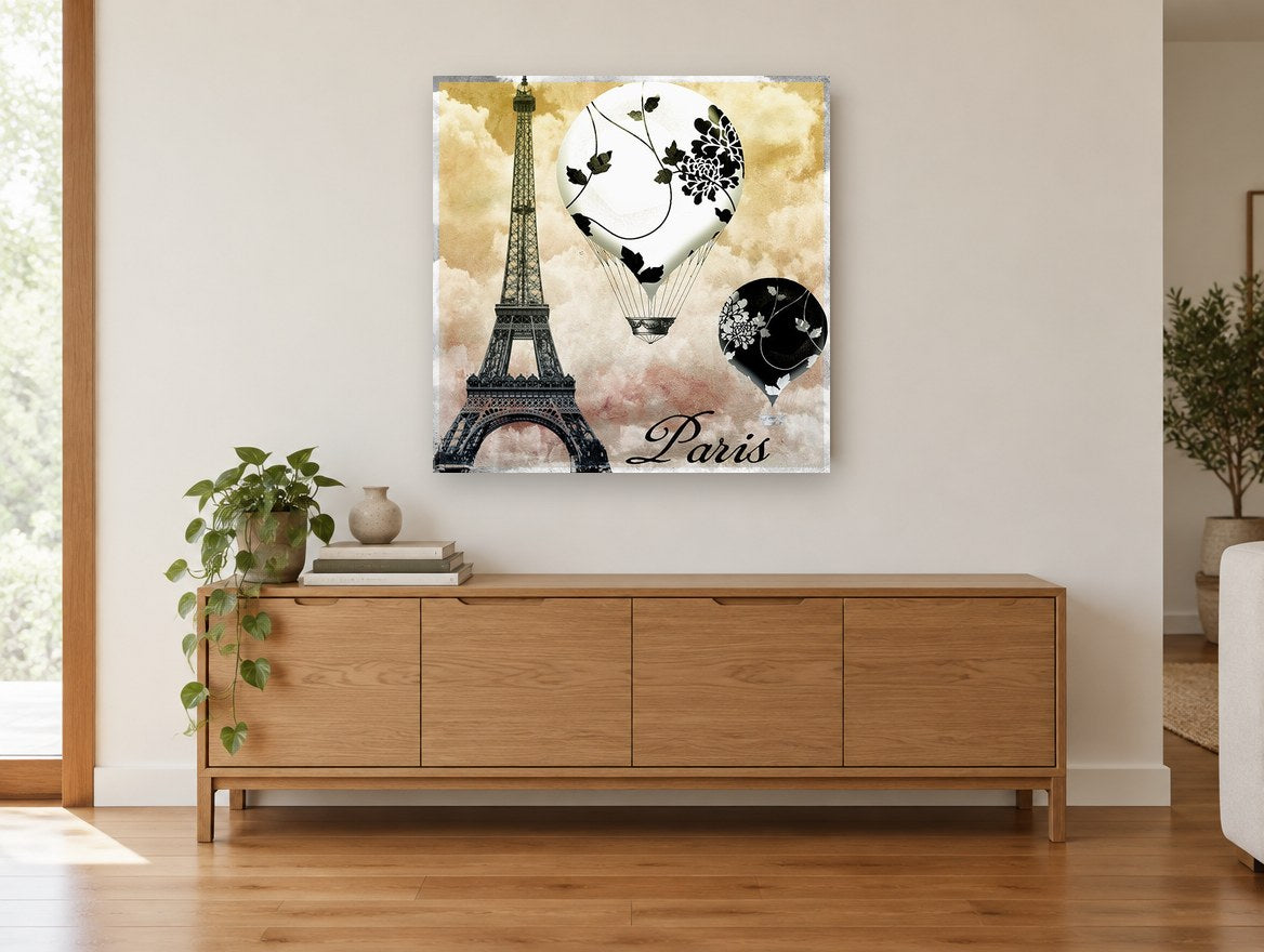 Paris Balloons Sky floral canvas print on the wall of a living room above a sideboard