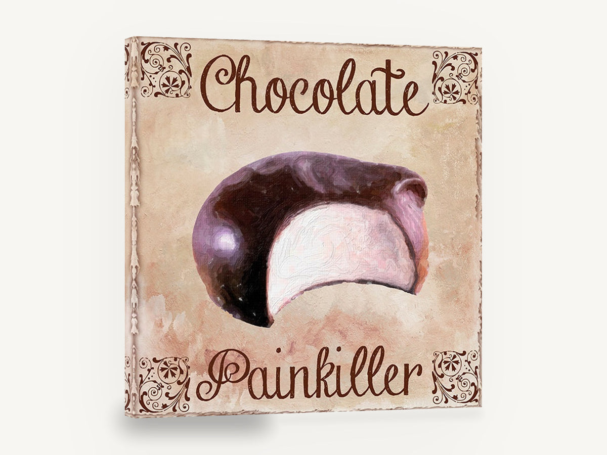 Chocolate Painkiller Bite, chocolate marshmallow typography kitchen, kitchen canvas wall art print ready to hang