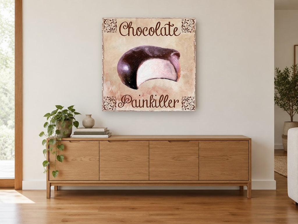 Chocolate Painkiller Bite kitchen canvas print on the wall of a living room above a sideboard