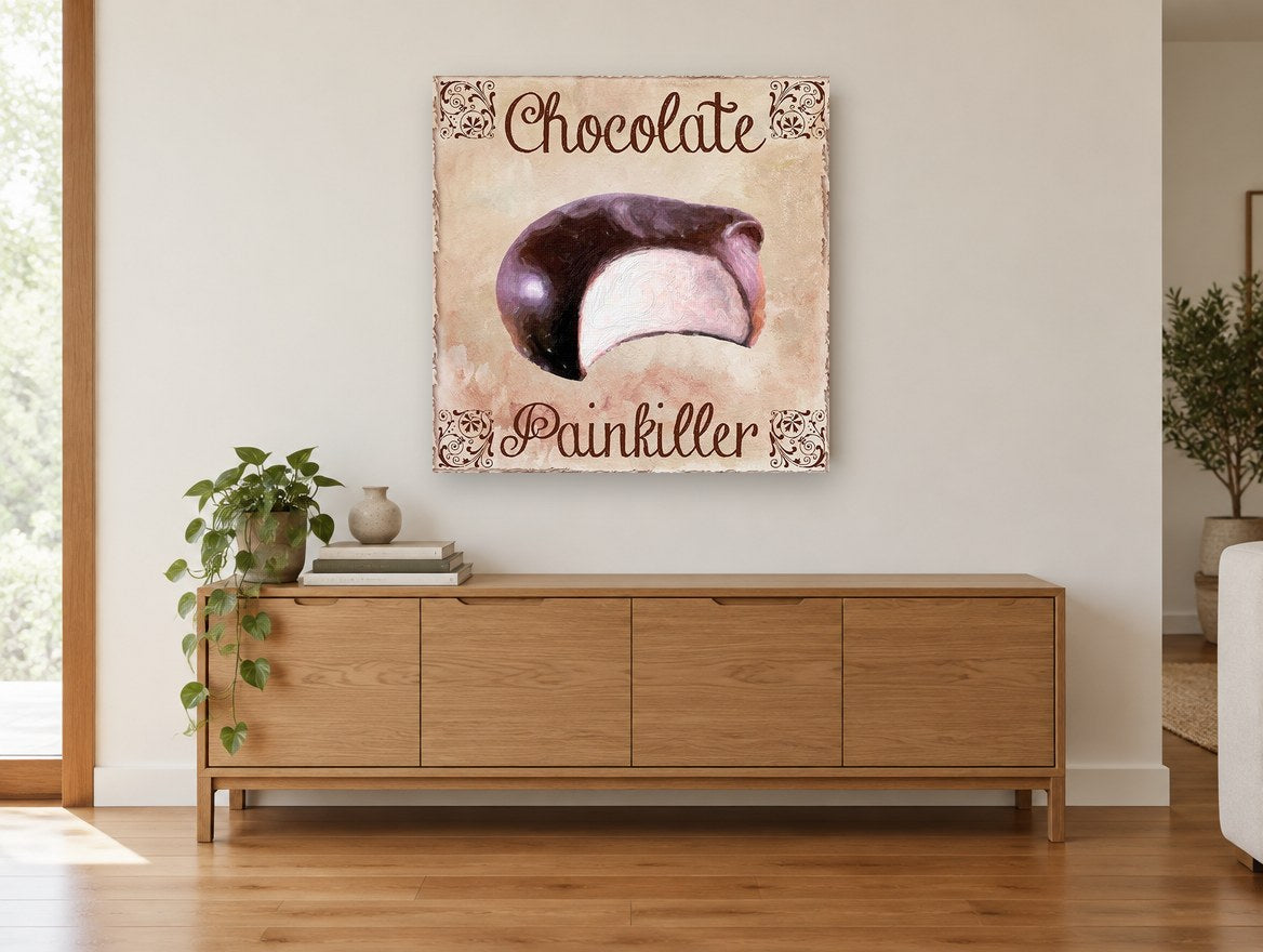 Chocolate Painkiller Bite kitchen canvas print on the wall of a living room above a sideboard