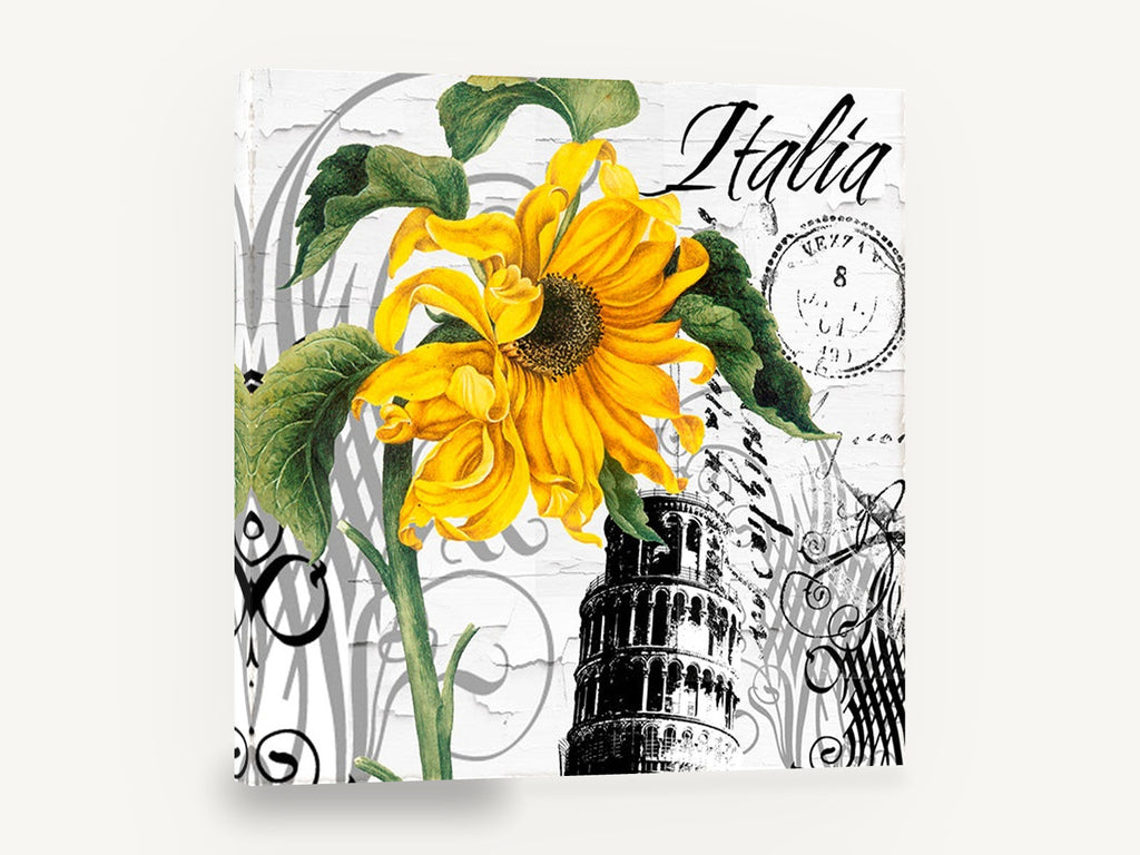 Sunflower Over Pisa, sunflower leaning tower italia collage, floral canvas wall art print ready to hang