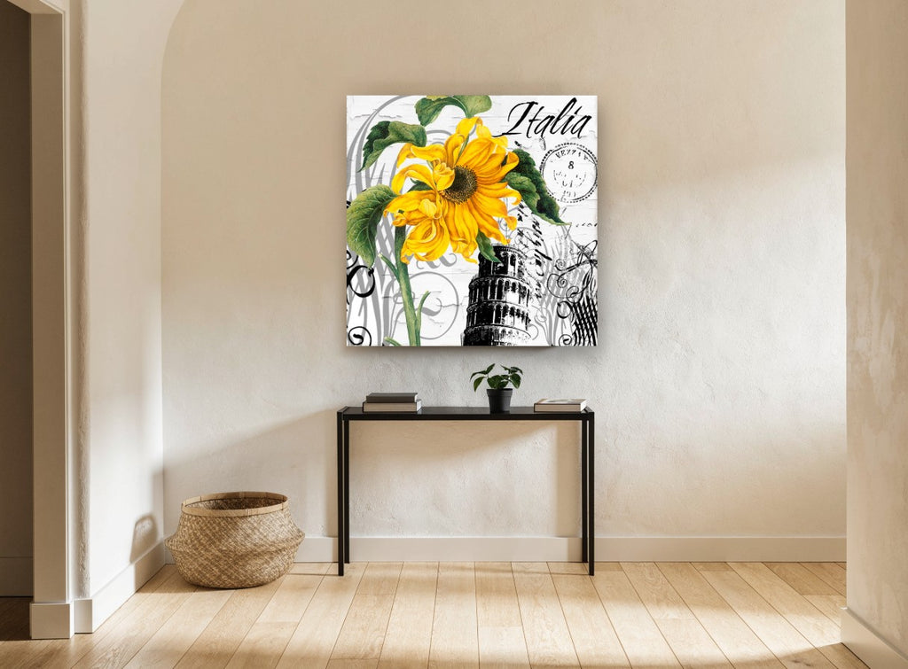 Sunflower Over Pisa floral canvas print on the wall of a hallway