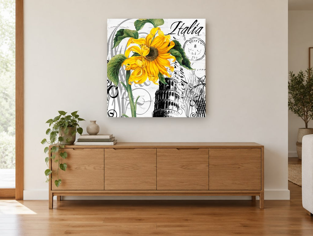 Sunflower Over Pisa floral canvas print on the wall of a living room above a sideboard