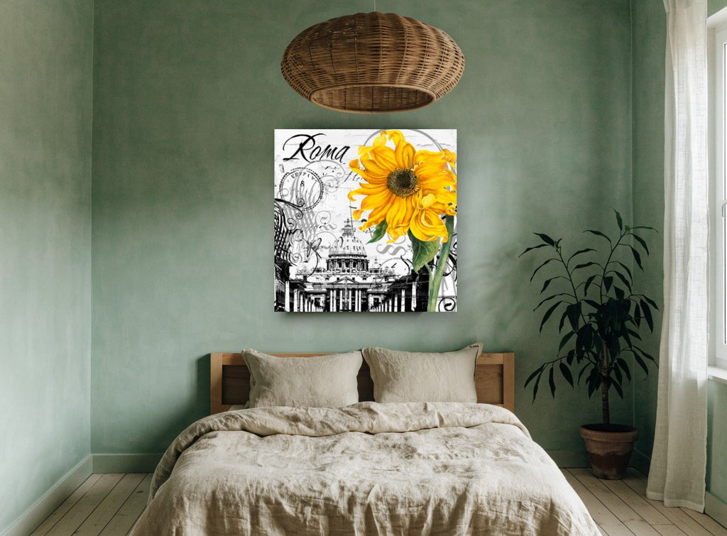 Roma Sunflower Collage floral canvas print on the wall of a bedroom