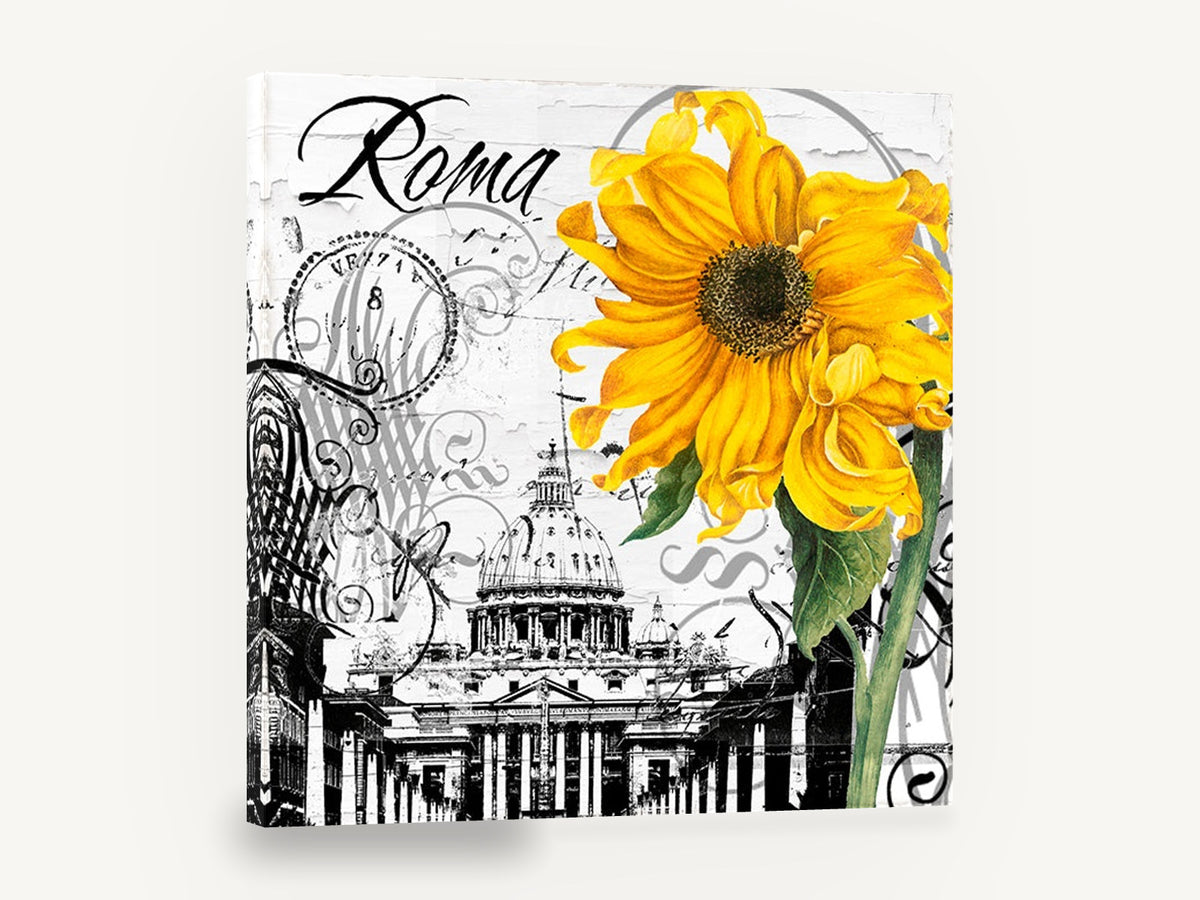 Roma Sunflower Collage, sunflower roma black and white collage, floral canvas wall art print ready to hang