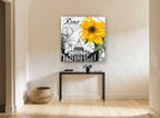 Roma Sunflower Collage floral canvas print on the wall of a hallway