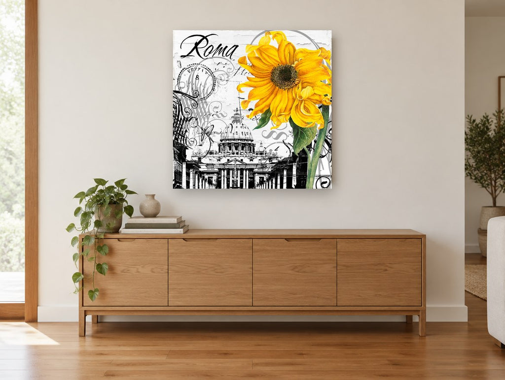 Roma Sunflower Collage floral canvas print on the wall of a living room above a sideboard