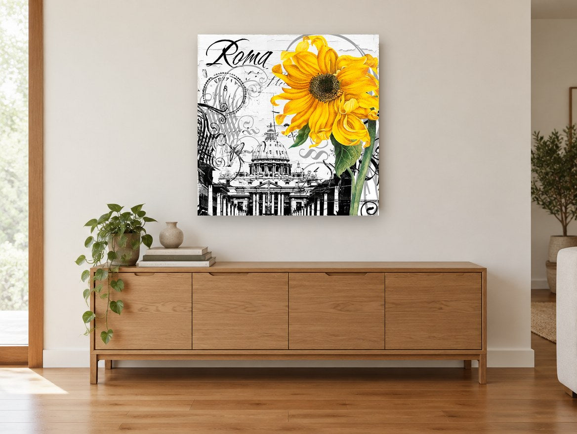 Roma Sunflower Collage floral canvas print on the wall of a living room above a sideboard
