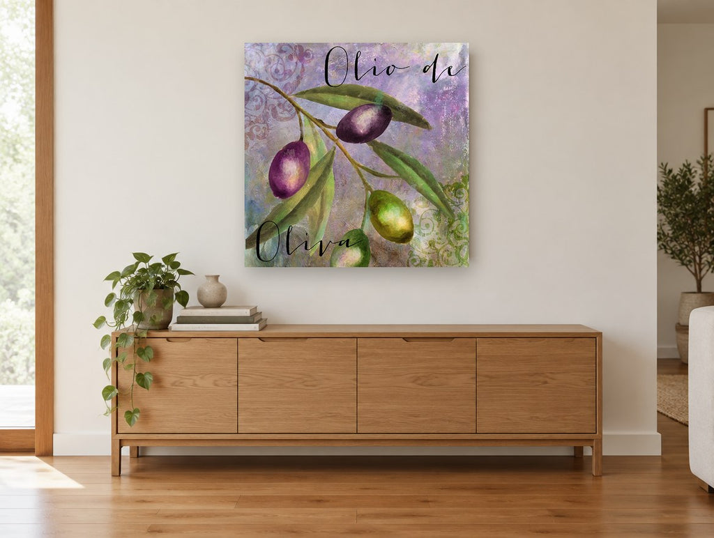 Olive Branch in Lavender kitchen canvas print on the wall of a living room above a sideboard