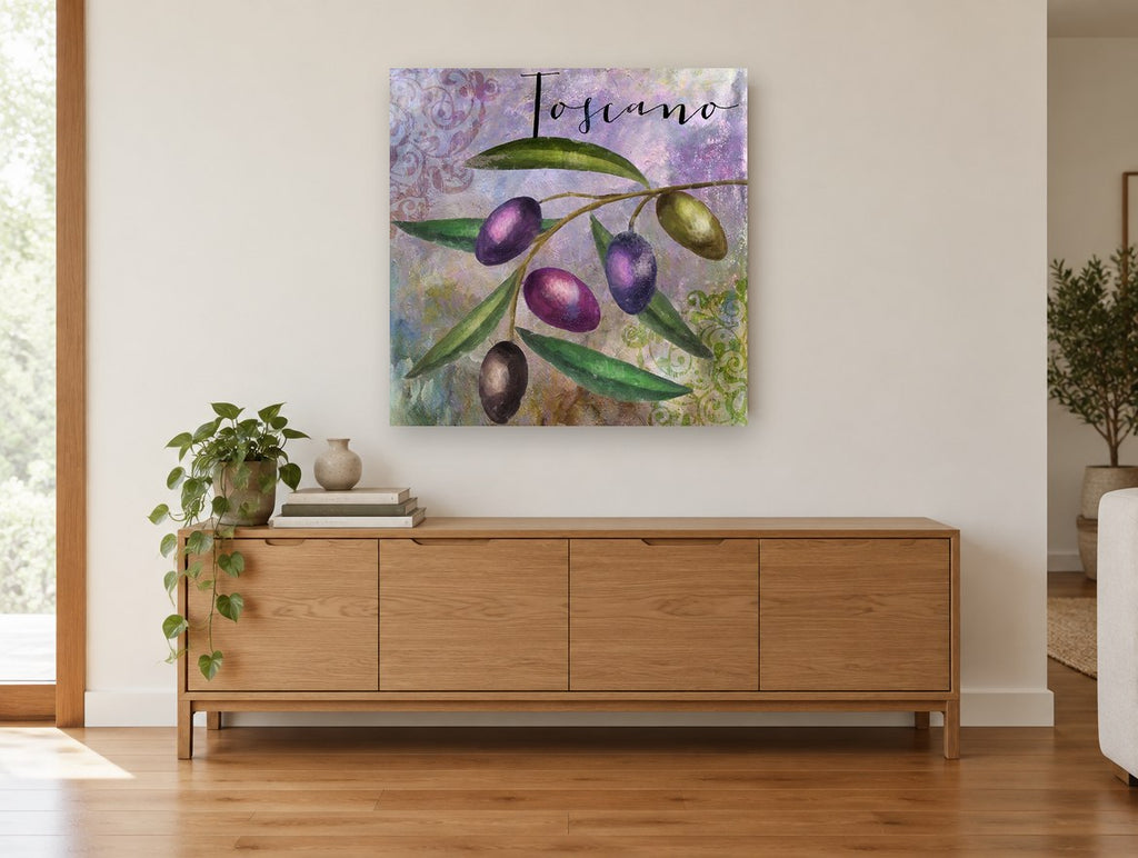 Toscano Olive Branch kitchen canvas print on the wall of a living room above a sideboard