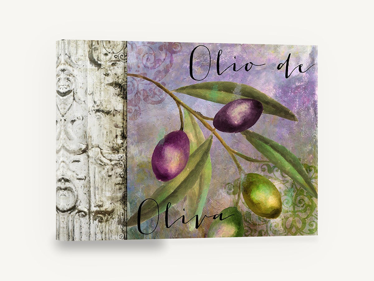 Olio di Oliva Branch, olive branch purple green botanical typography, floral canvas wall art print ready to hang