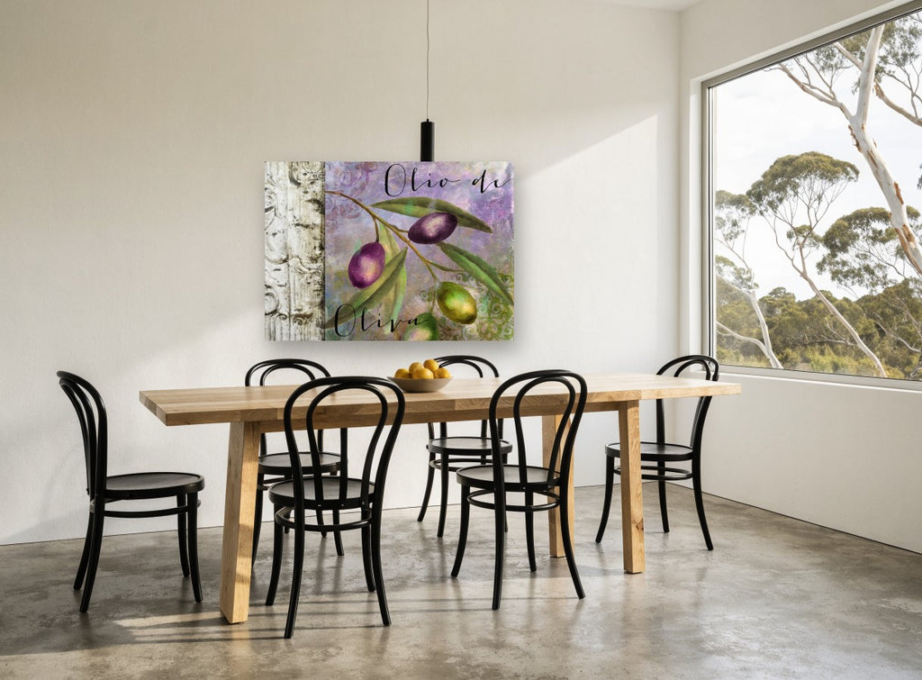 Olio di Oliva Branch floral canvas print on the wall of a dining room