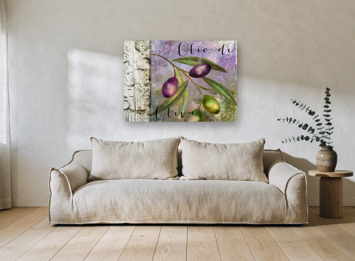 Olio di Oliva Branch floral canvas print on the wall of a living room