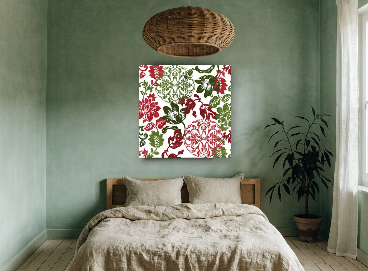 Crimson Green Damask Bloom floral canvas print on the wall of a bedroom