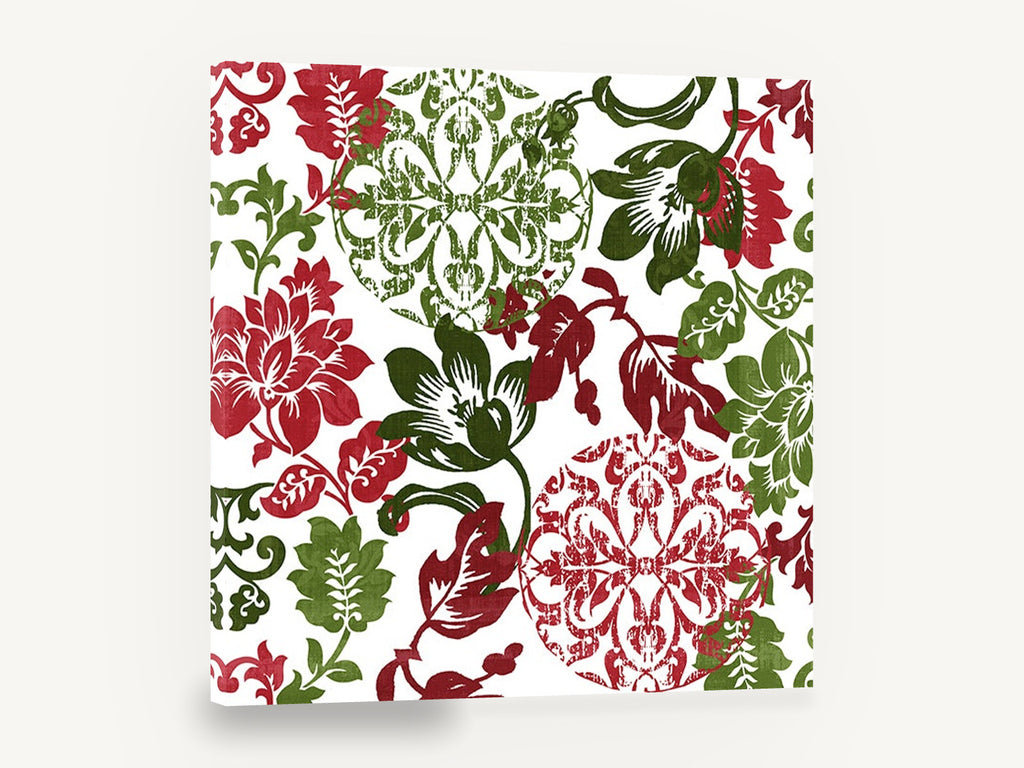 Crimson Green Damask Bloom, red and green damask floral pattern, floral canvas wall art print ready to hang