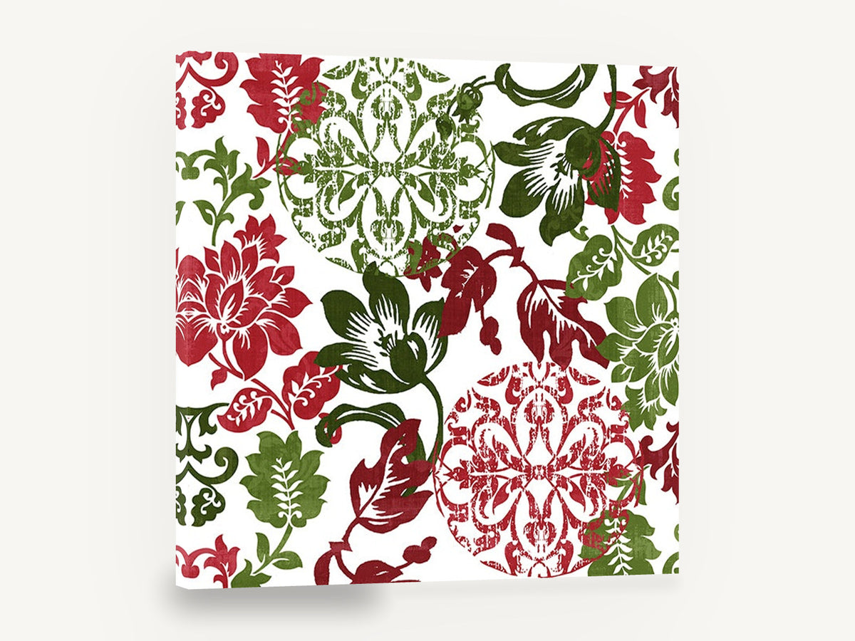 Crimson Green Damask Bloom, red and green damask floral pattern, floral canvas wall art print ready to hang