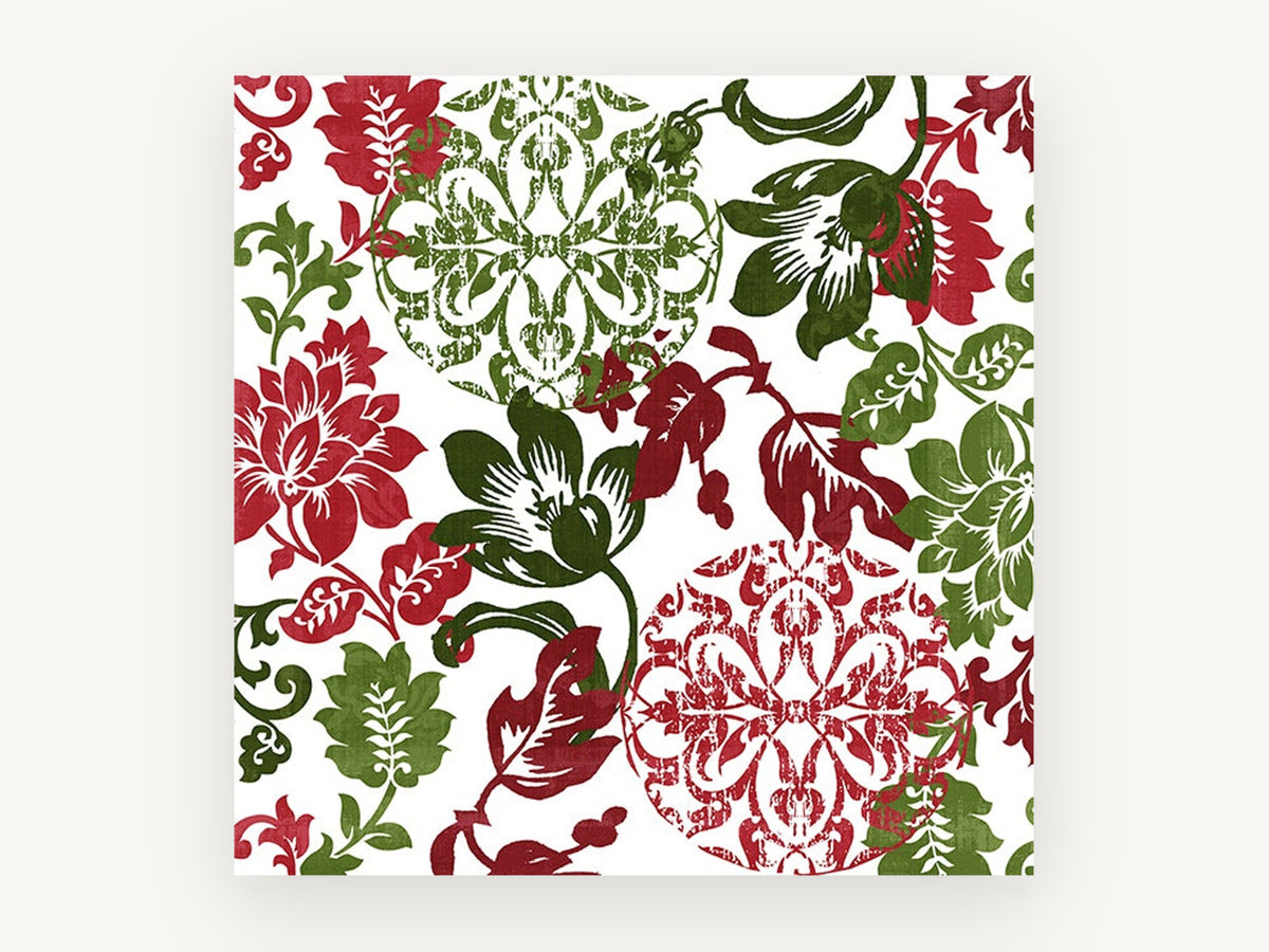 Crimson Green Damask Bloom, floral canvas wall art print, front view