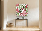Crimson Green Damask Bloom floral canvas print on the wall of a hallway