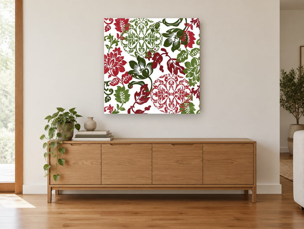 Crimson Green Damask Bloom floral canvas print on the wall of a living room above a sideboard