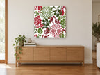 Crimson Green Damask Bloom floral canvas print on the wall of a living room above a sideboard