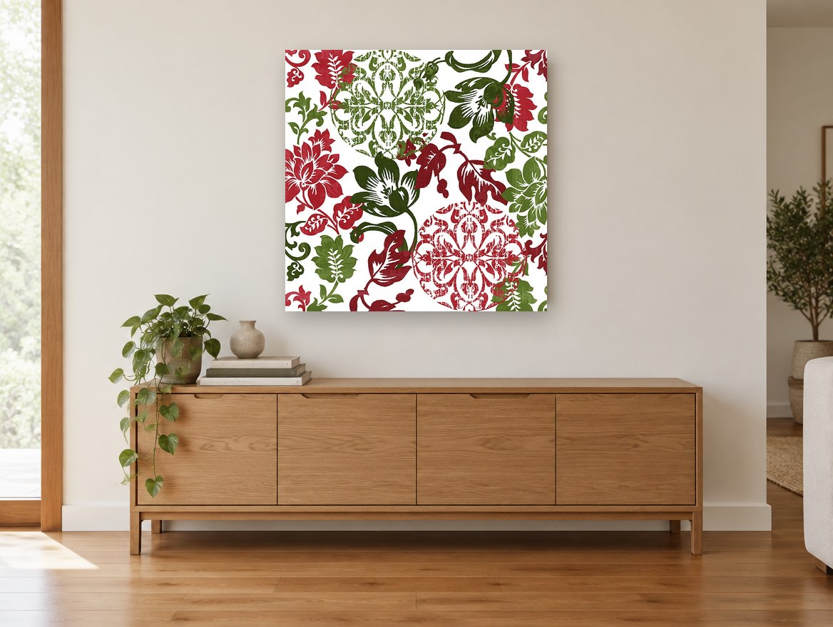 Crimson Green Damask Bloom floral canvas print on the wall of a living room above a sideboard