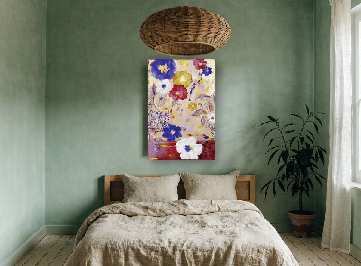 Cobalt and Crimson Blooms floral canvas print on the wall of a bedroom