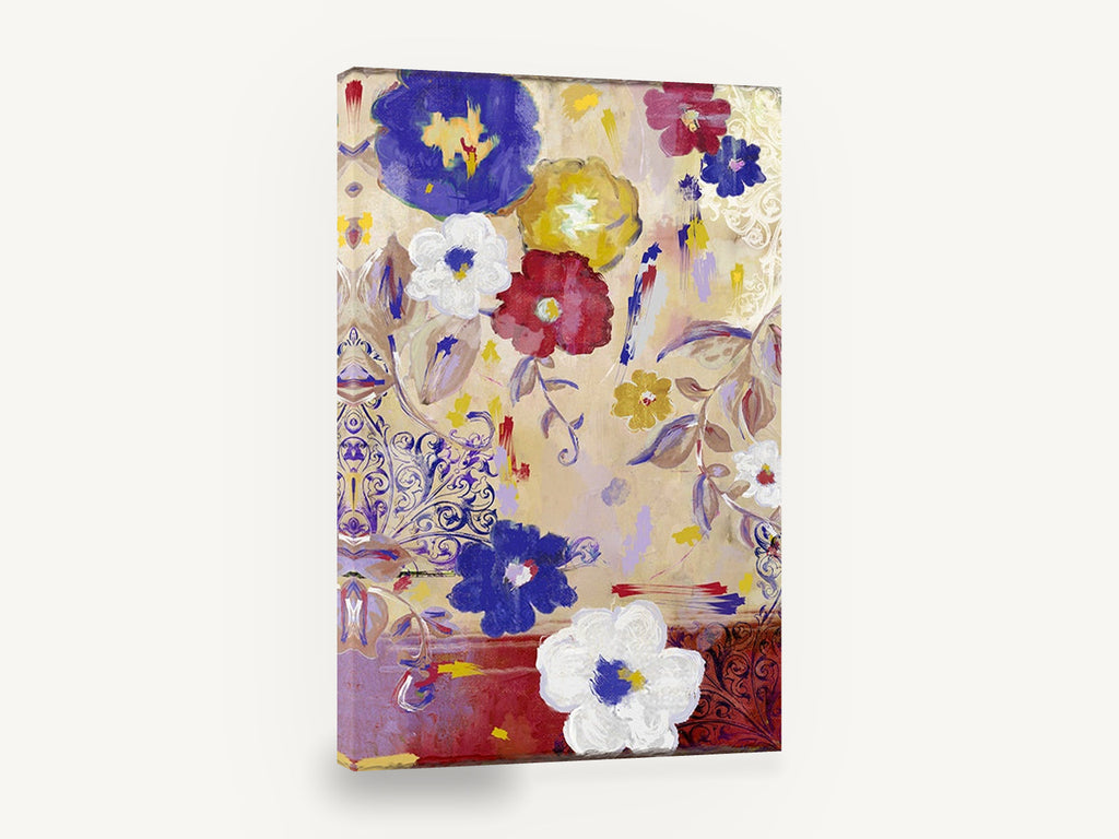 Cobalt and Crimson Blooms, blue red floral scroll pattern painting, floral canvas wall art print ready to hang