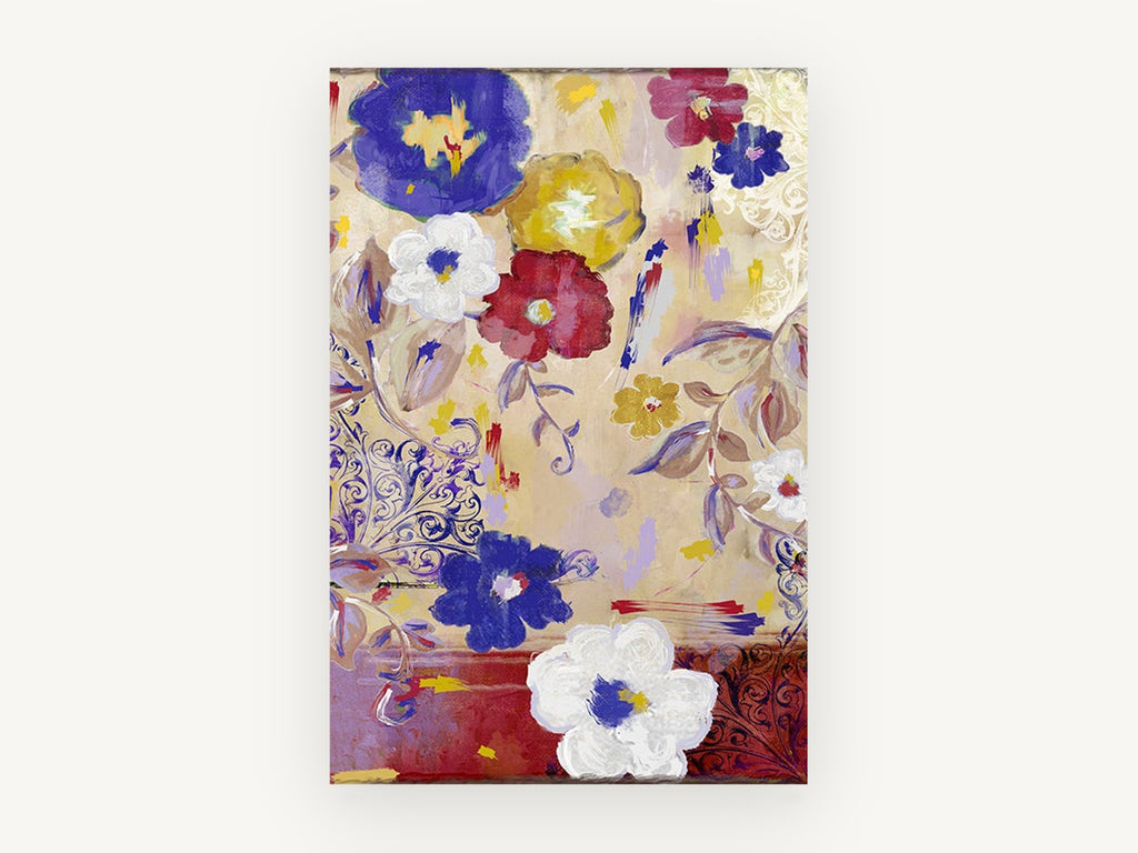 Cobalt and Crimson Blooms, floral canvas wall art print, front view