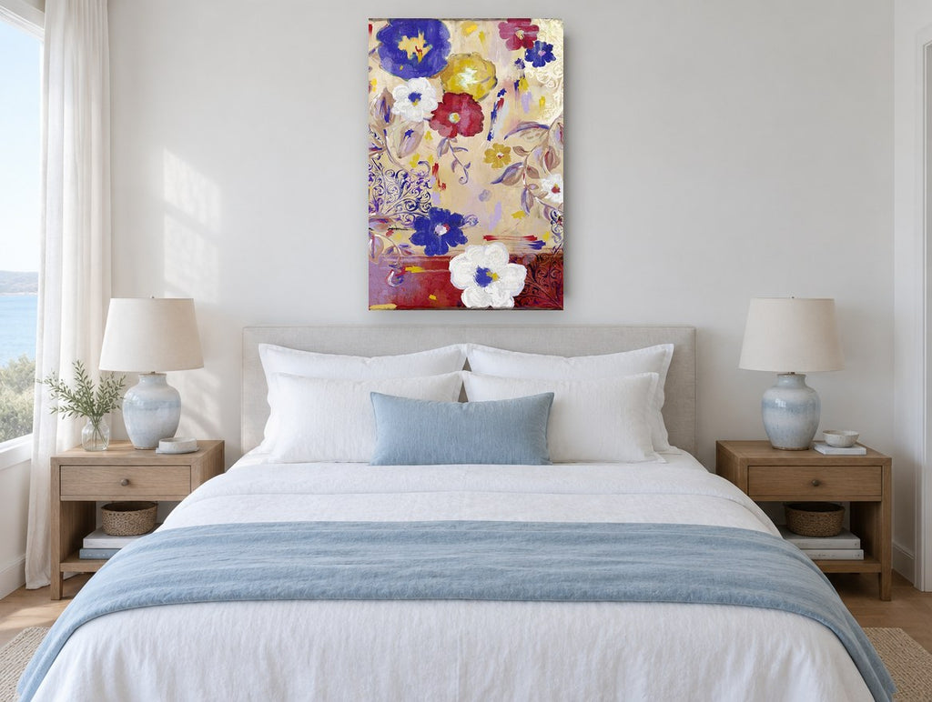 Cobalt and Crimson Blooms floral canvas print on the wall of a coastal bedroom