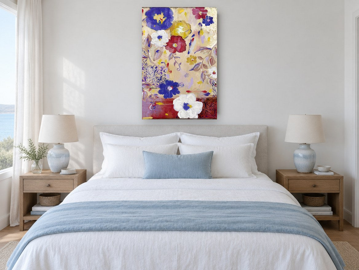 Cobalt and Crimson Blooms floral canvas print on the wall of a coastal bedroom