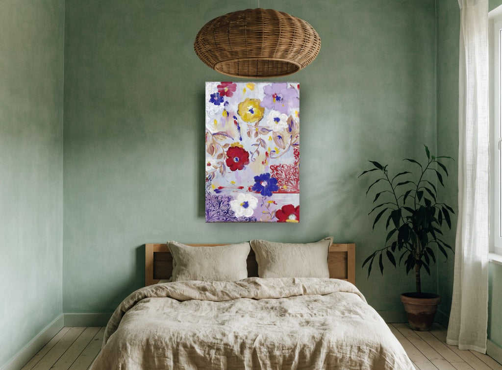 Lilac Garden Scrolls floral canvas print on the wall of a bedroom