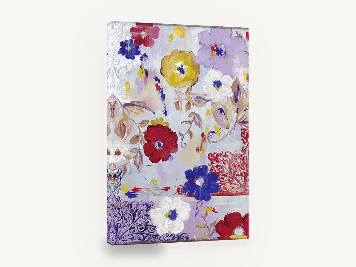 Lilac Garden Scrolls, red blue yellow floral scrollwork art, floral canvas wall art print ready to hang
