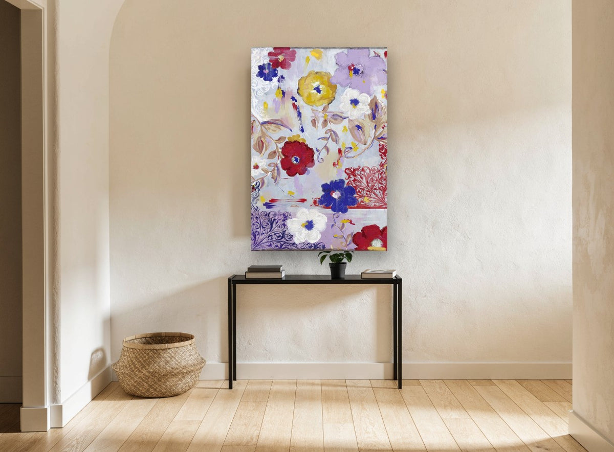 Lilac Garden Scrolls floral canvas print on the wall of a hallway