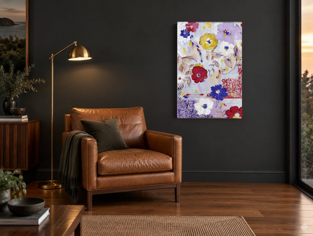 Lilac Garden Scrolls floral canvas print on the wall of a charcoal living room