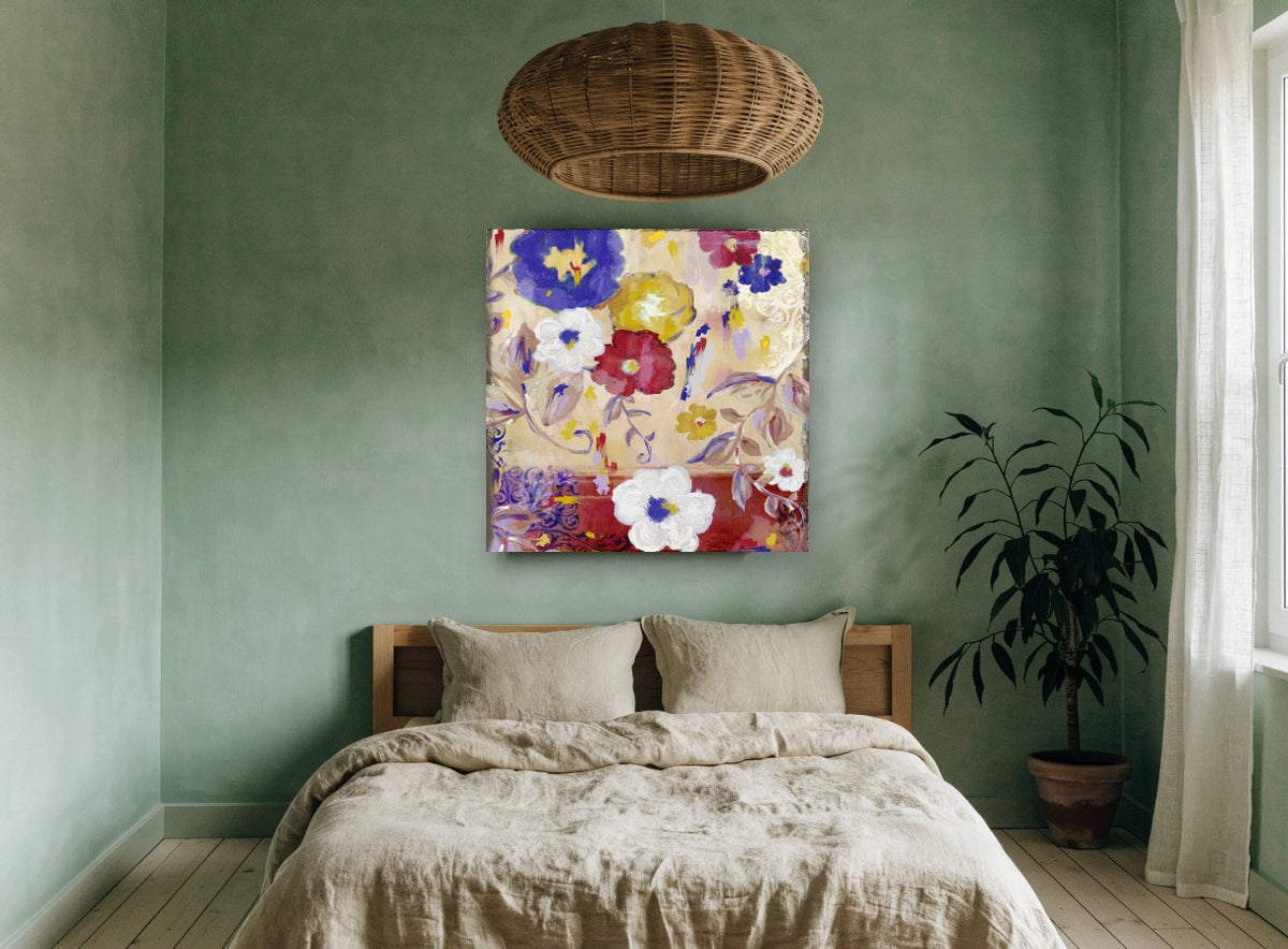 Sevilla Garden Blooms floral canvas print on the wall of a bedroom