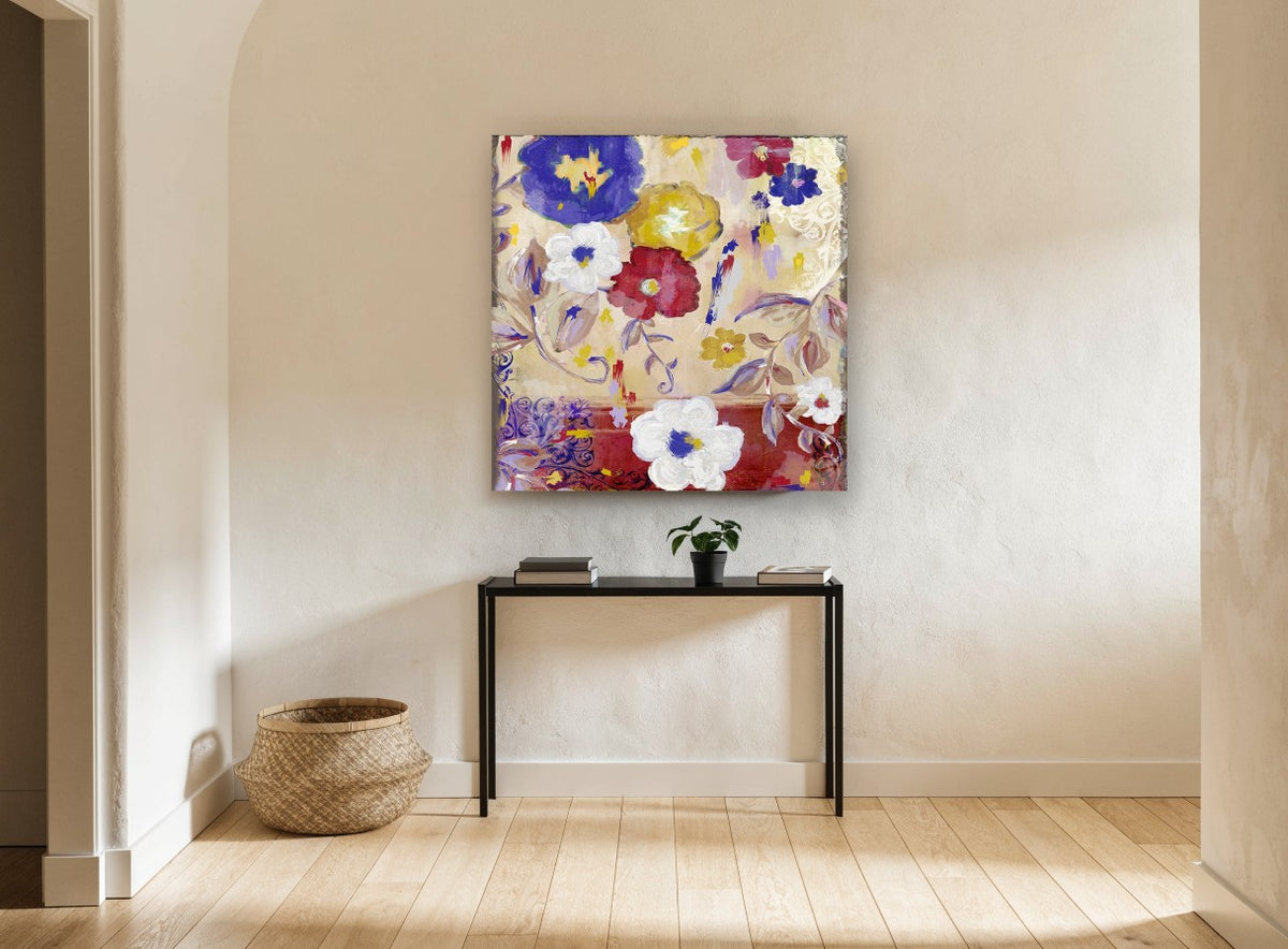 Sevilla Garden Blooms floral canvas print on the wall of a hallway